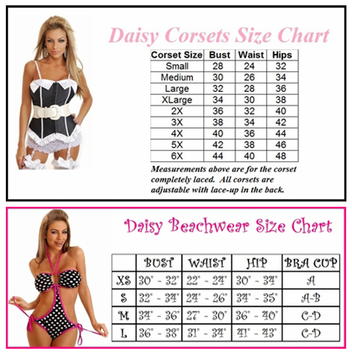 Daisy Corsets/Swimwear Size Chart