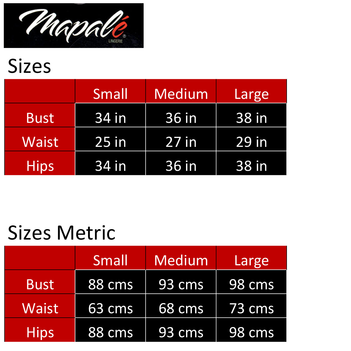 Mapale' Size chart