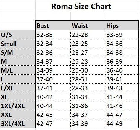 Roma Costumes Size Chart