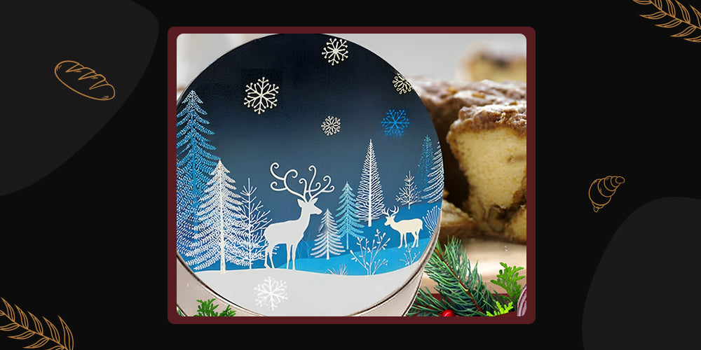 Traditional Cinnamon Walnut Coffee Cake in a Festive Holiday Crystal Evening Gift Tin