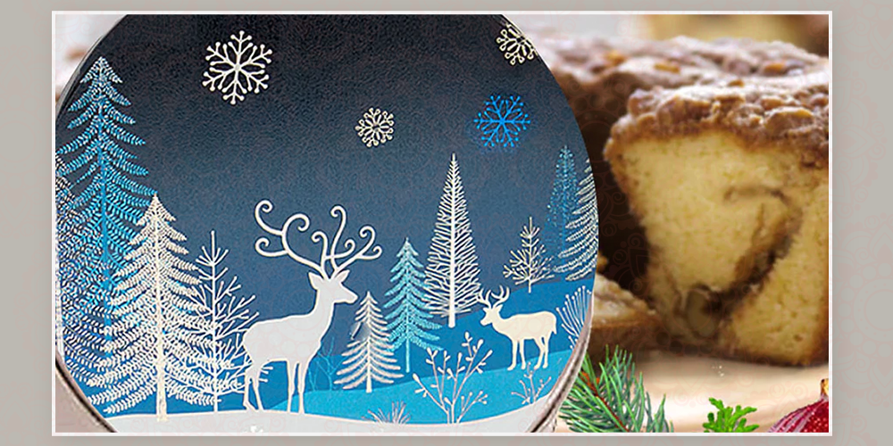 Traditional Cinnamon Walnut Coffee Cake in a Festive Holiday Crystal Evening Gift Tin
