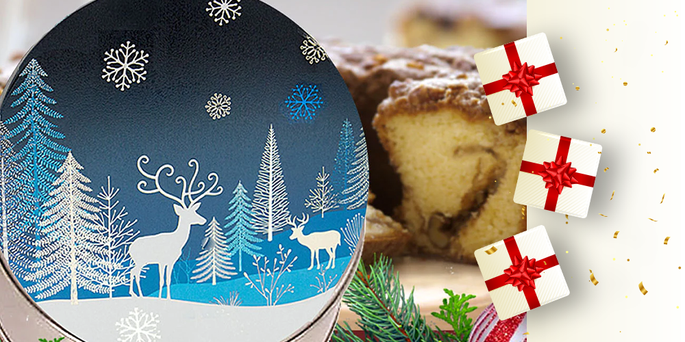 Coffee cake in Christmas holiday gift tin