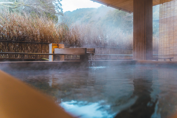 Steaming Japanese onsen bath