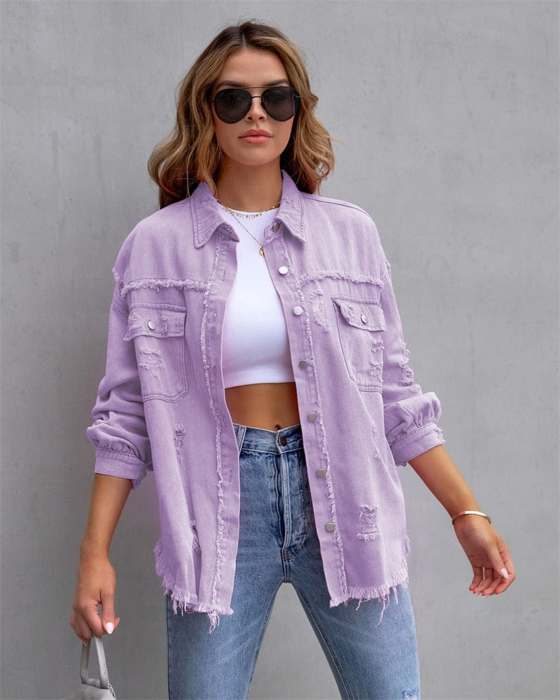 Raw-edges Denim Jacket - Pastel Kitten