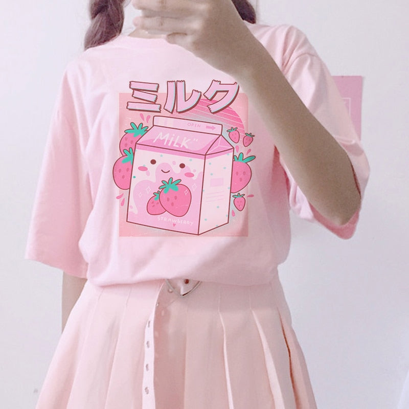 90s Japanese Strawberry Milk T-shirt - Pastel Kitten