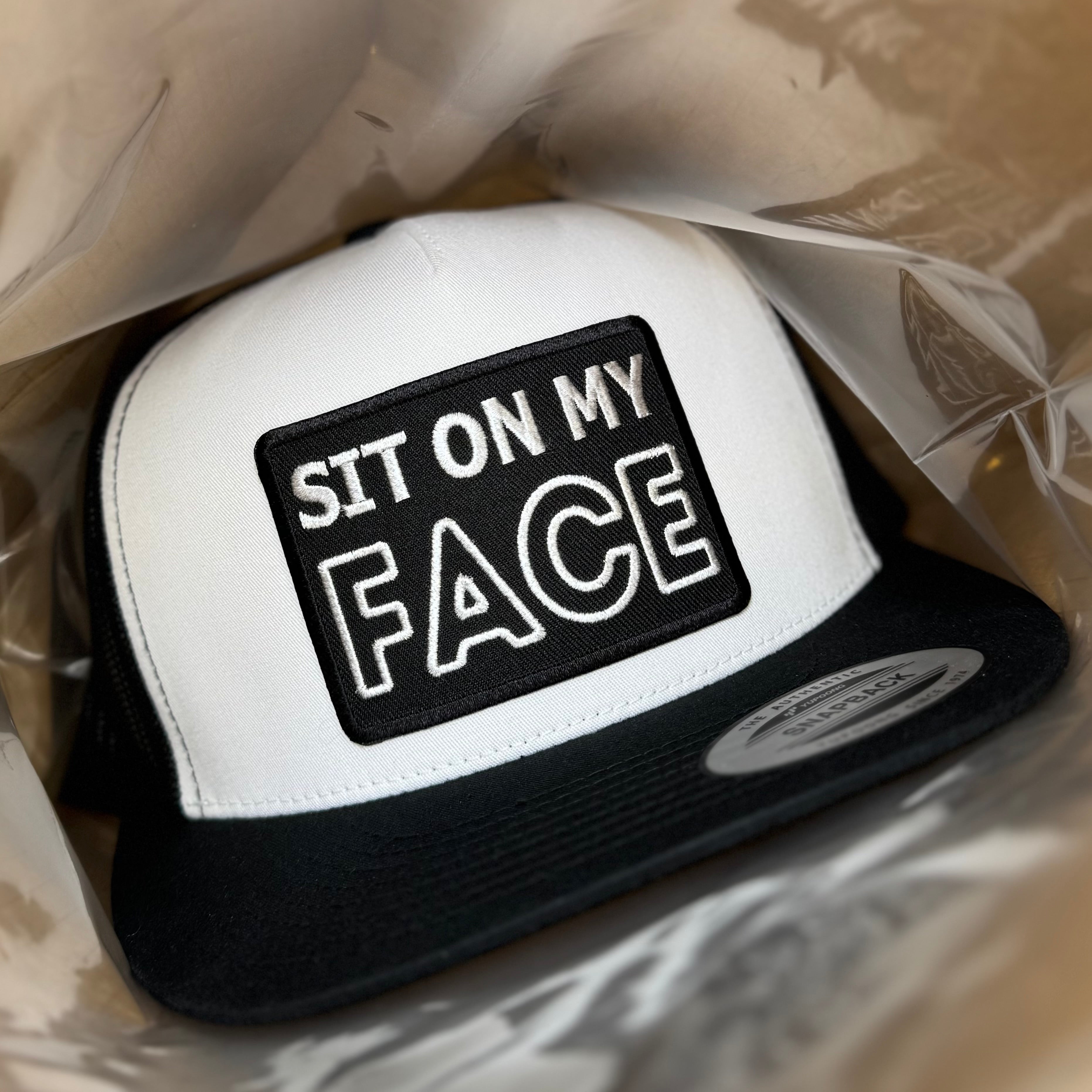 QUICK ORDER Sit On My Face Hat - Blk Patch - White front/ Black Back Yupoong 6006