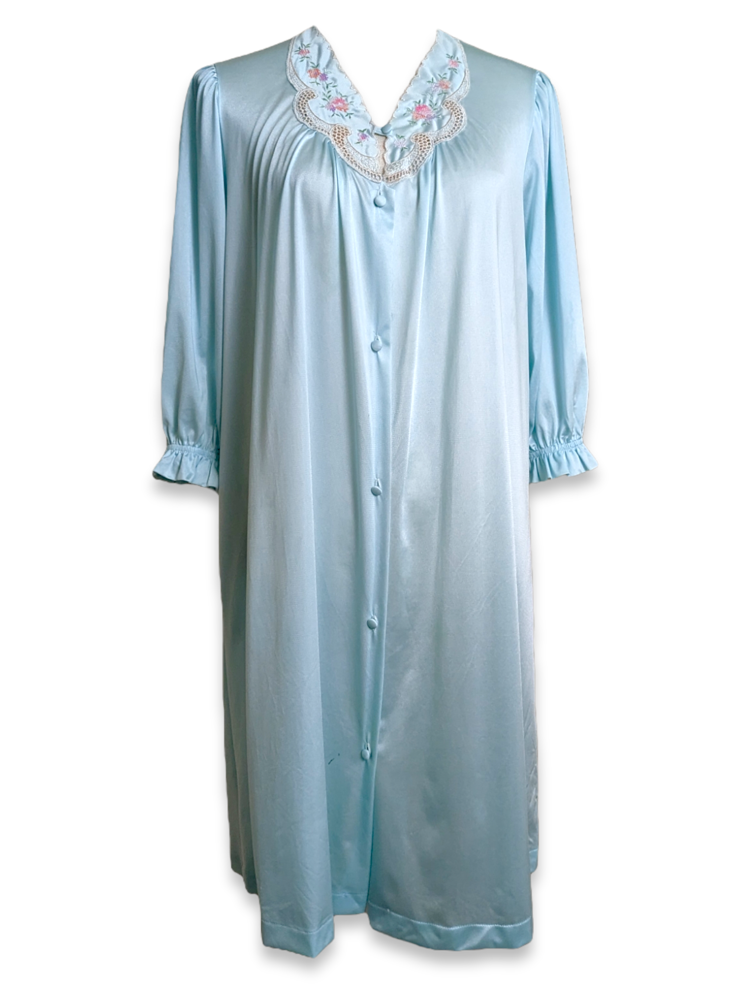 1980s Lorraine Pale Blue Muumuu Nightgown with Floral Cross Stitch Emb ...