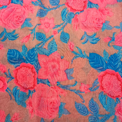 Coral Peach Color Floral Printed Linen Fabric