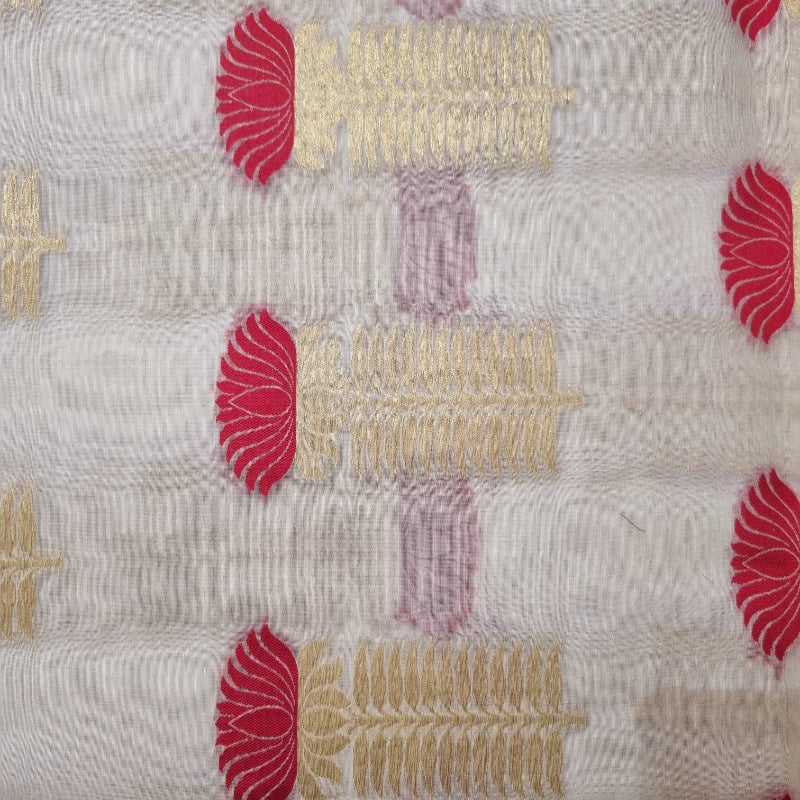Cloud White Colour Chanderi Fabric With Red Floral Motifs