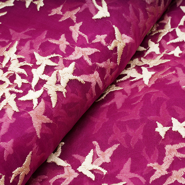 Jazzberry Jam Color Birds Motifs Thread Embroidery Organza Fabric