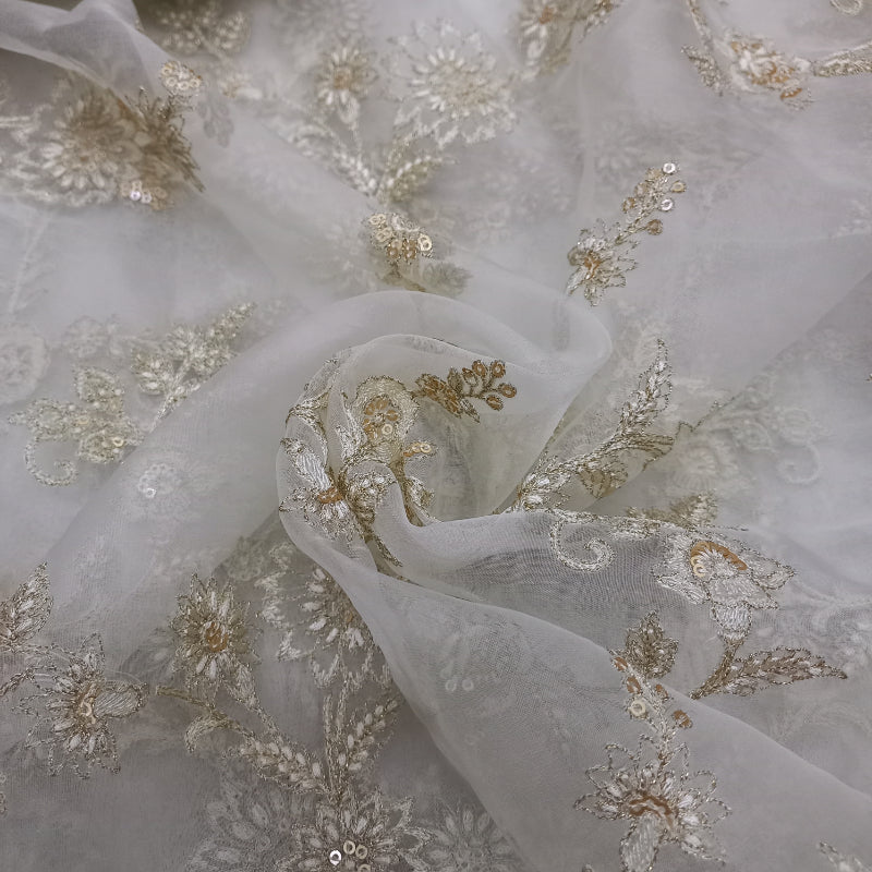 White Trendy Sequins Work Organza Fabric ( 1Mtr ) - Buy Now