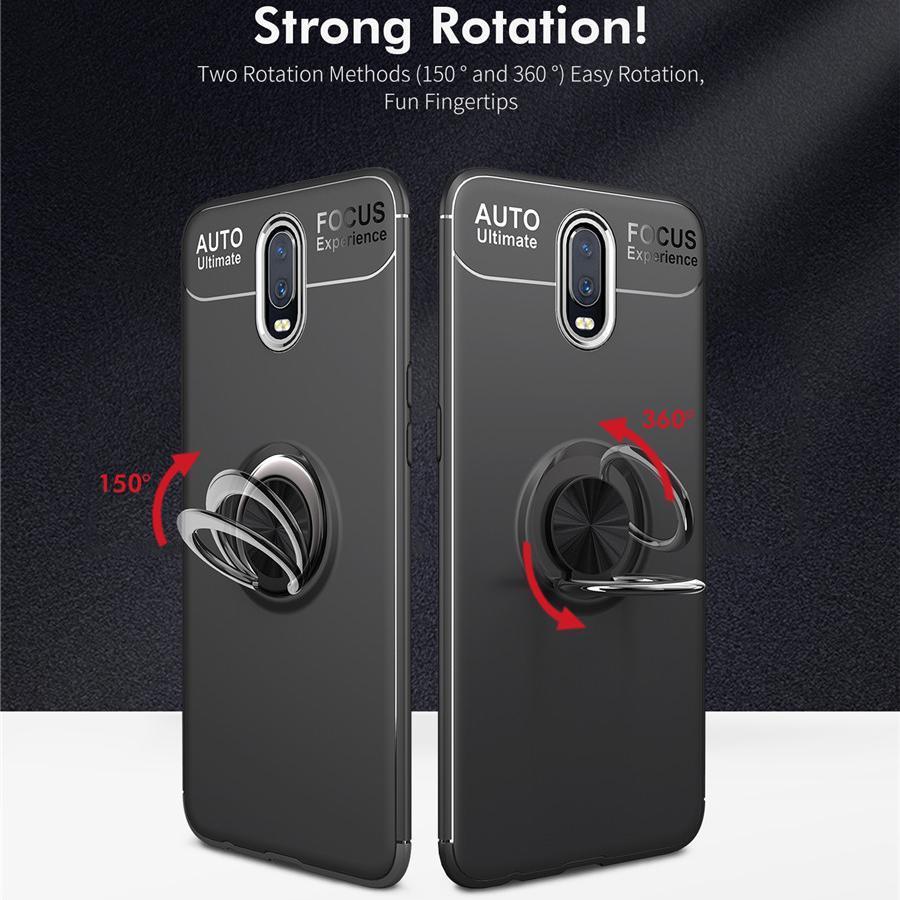 OnePlus 6T (3 in 1 Combo) Metallic Ring Holder Case + Tempered Glass + Earphones