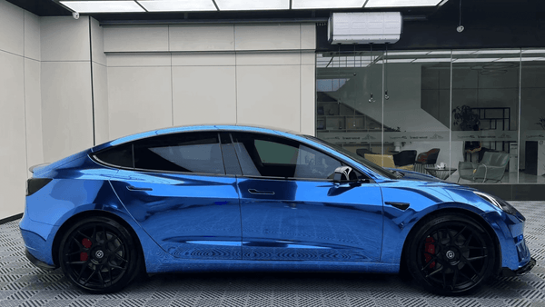 Blue Mirror Chrome wrapped tesla model 3