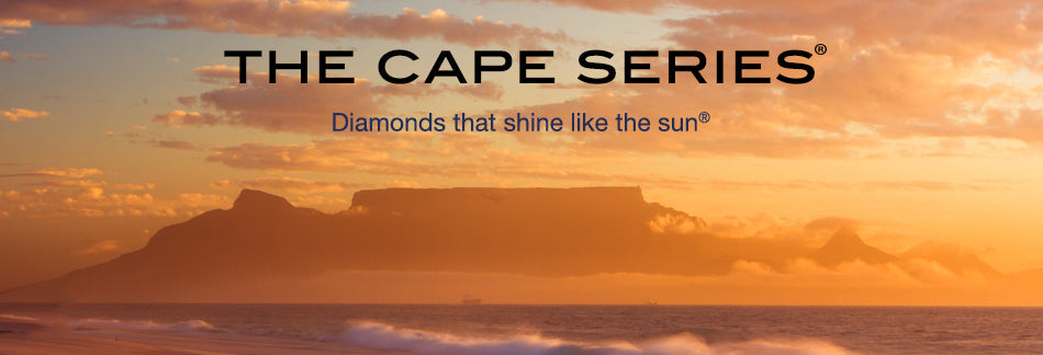 Banner image with the text "The Cape Series - Diamonds that shine like the sun" overlaying an image of Table Mountain, a flat topped mountain in South Africa, in the sunset.