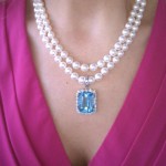 Blair Wearing her Magnificent Aquamarine Pendant on her Pearls