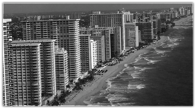 black and white photo of beach-front high-rises at Fort Lauderdale, FL