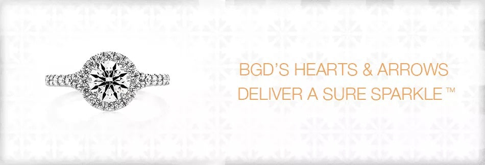 banner with image of a diamond ring to the left and text "BGD'S Hearts and Arrows Deliver a Sure Sparkle TM" 