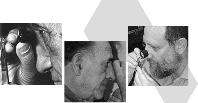 Three black and white photographs, each of men inspecting diamond quality