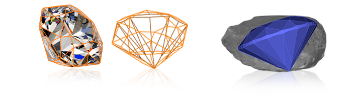 Image displlaying a finished diamond, and outline of a diamond shape, and and illustration of the cut diamond inside a diamond in the rough