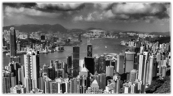 Black and white photo of Hong Kong buildings