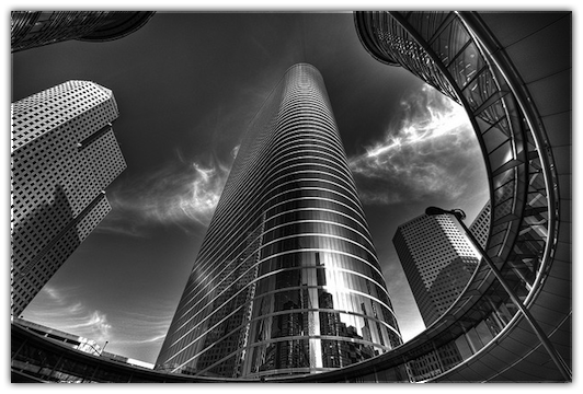 Black and white image of Chevron Tower, Houston, TX