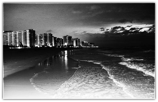 Black and white photo of Miami and the beach