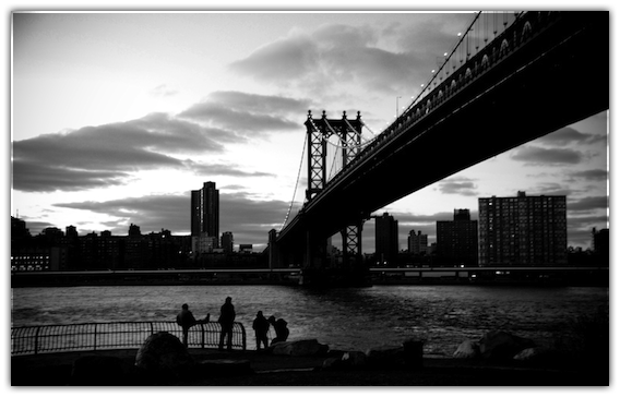 Black and white image of a bridge in New York City