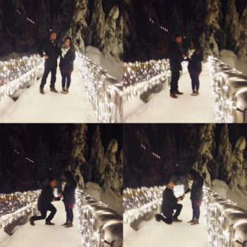 Nick and Lauren's Grouse Mountain Proposal featuring Brian Gavin Diamonds' Anita Halo Engagement Ring