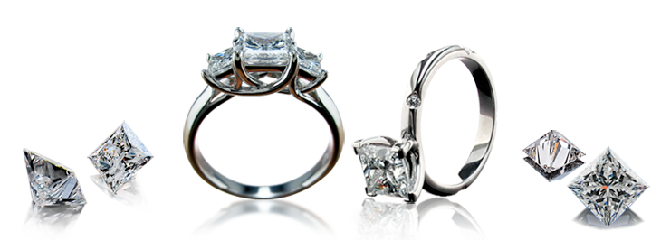 Image of two diamond rings with princess cut diamonds and several loose princess-cut diamonds