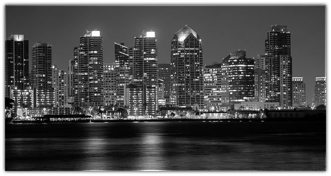 black and white photograph of downtown San Diego