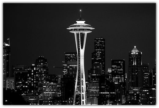 black and white photo of the space needle in Seattle
