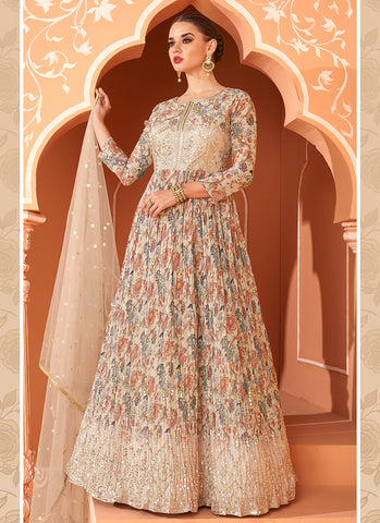 Beige Digital Print Georgette Anarkali