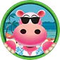 Forum avatar depicting pink hippo character wearing cool sunglasses and a tropical shirt while in a beach setting!