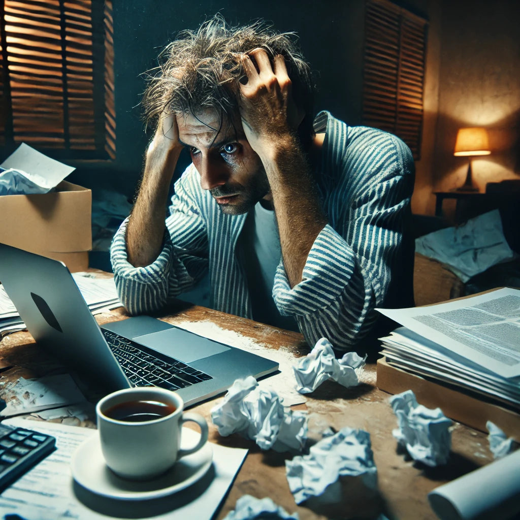 A stressed man sits at a cluttered desk with a laptop, surrounded by crumpled paper.