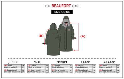 The Beaufort Robe size guide shows you the best way to choose the right size for your robe. All of our robes are intentionally oversized—bigger than usual size—so that you can wrap up warm and have room for any extra layers to adapt to the ever changing weather.