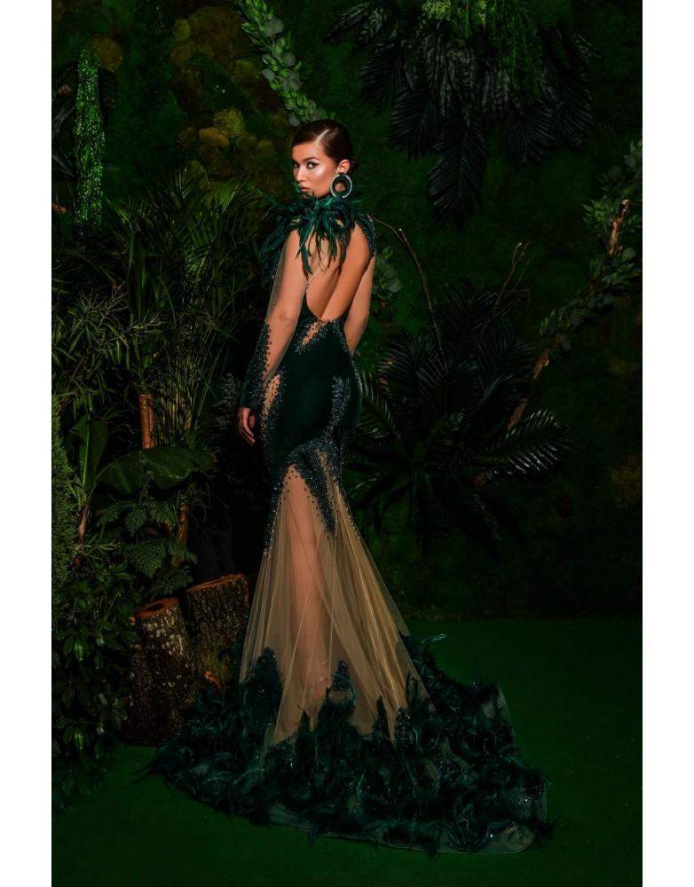 Luxury Dark Green Evening Gown with Lace-danddclothing