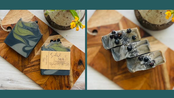 Salish sea soap by Suds and Sage, an Indigenous woman-owned soap company. Colored with activated charcoal and spirulina in swirl designs.