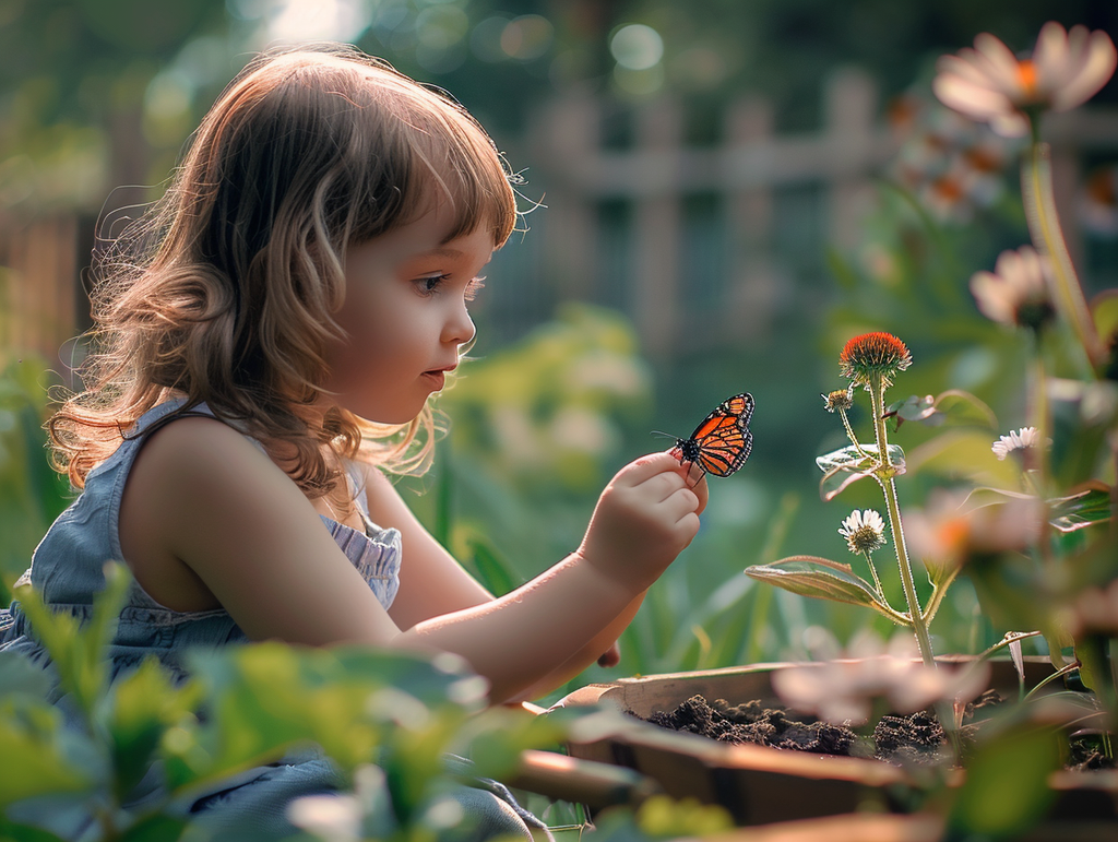 girl with butterfly in the garden