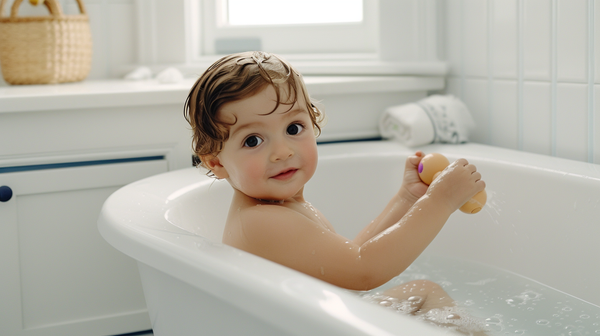 toddler having fun in the bath being entertained by bubbles