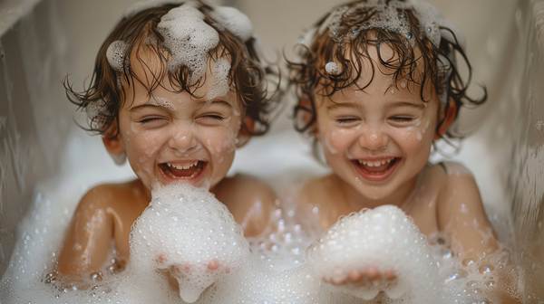 two adorable kids having a gentle soothing bubble bath