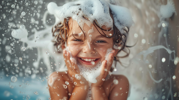 child having so much fun in the bath, splashing, and bubbles
