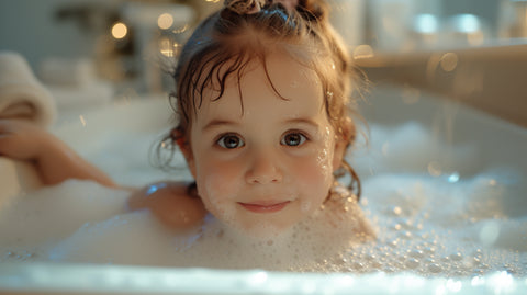 cute girl that's a toddler enjoying a bubble bath