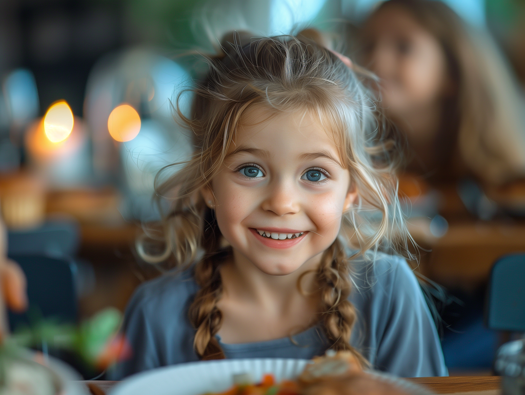 little girl at dinner table playing a game of questions with her parents