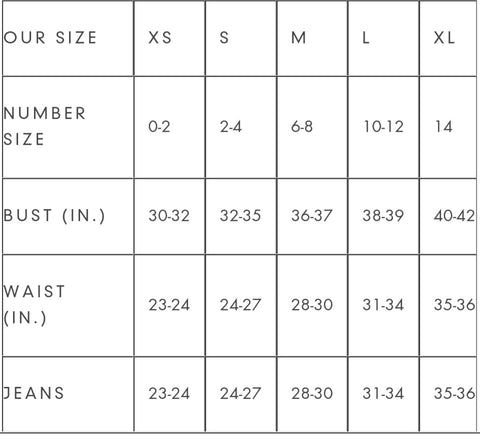 Sizing chart – Julee Rae's Boutique