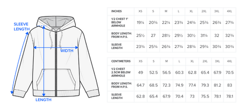 Fashion Zip-Up Hoodie size chart