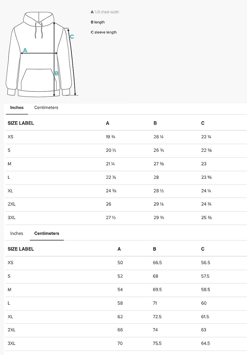 Unisex Soft Cotton Feel Fabric Hoodie Size Chart