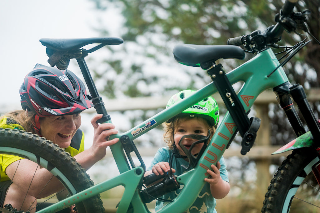 Jackie Schapel with her child bike seat