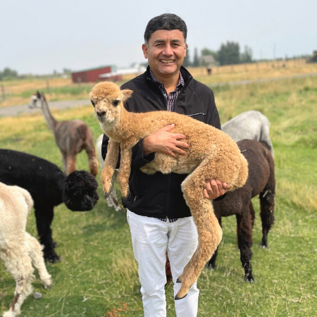smiling man holding baby fawn alpaca