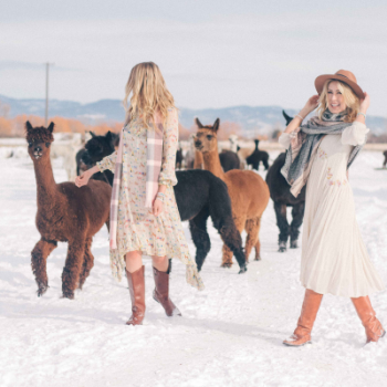 two women walking in snow with herd of alpacas