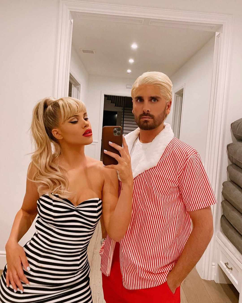 Couples costume featuring a couple dressed as Malibu Barbie and Ken.